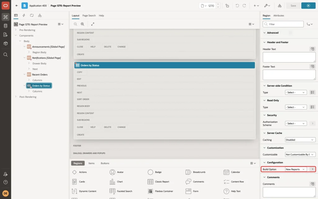 Page Designer with the region Orders by Status selected and Build Option set to New Reports, marked with a red box