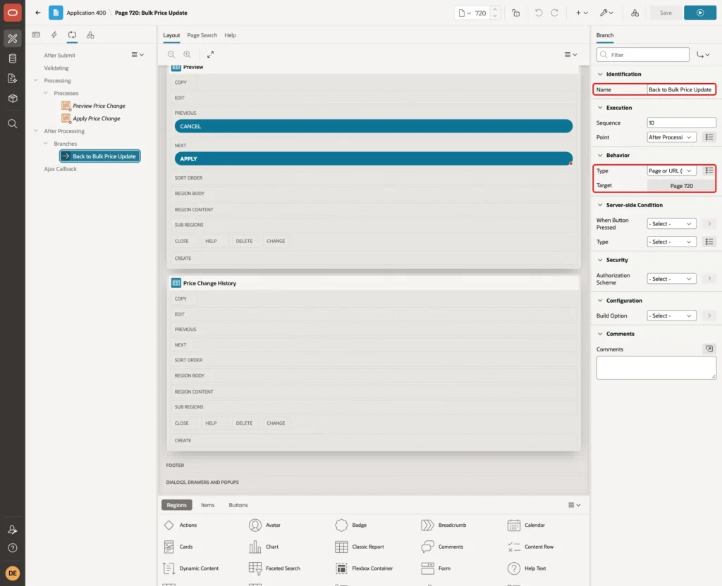 Branch Back to Bulk Price Update with Name, Type Page or URL Redirect and Target Page 720 marked with red boxes