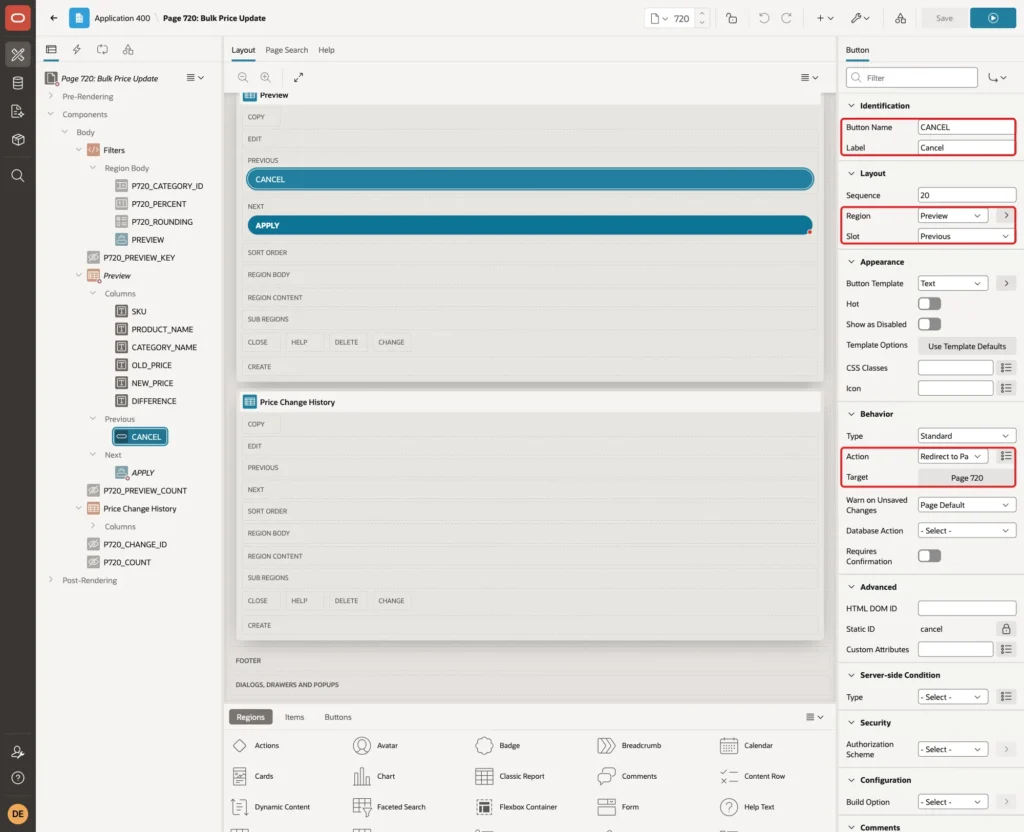 Button CANCEL with Button Name, Label, Region Preview, Slot Previous, Action Redirect to Page and Target marked with red boxes