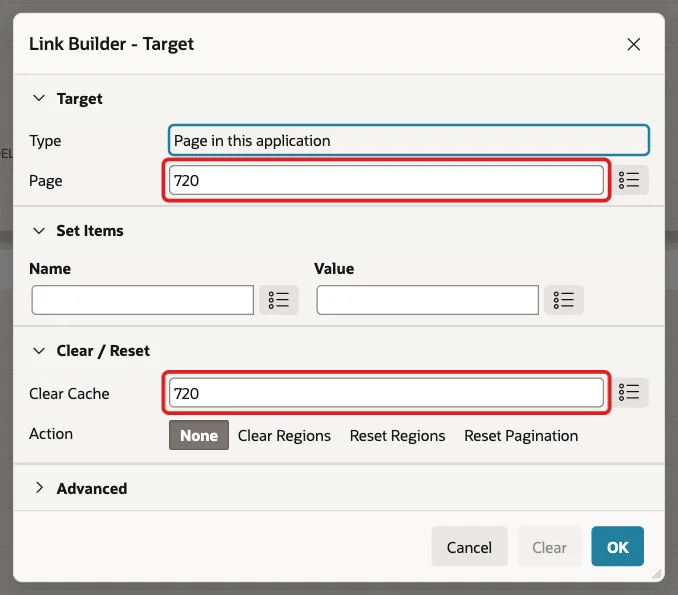 Link Builder Target dialog with Page 720 and Clear Cache 720 marked with red boxes