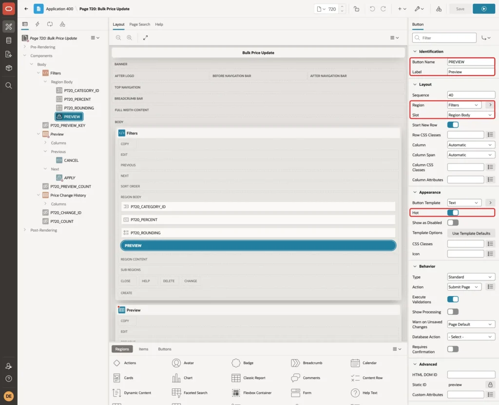 Button PREVIEW with Button Name, Label Preview, Region Filters, Slot Region Body and Hot marked with red boxes