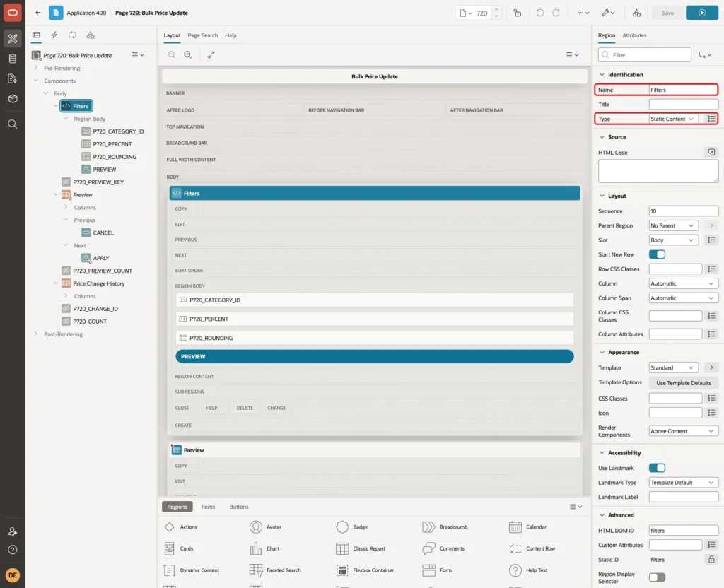 Region Filters with Name and Type Static Content marked with red boxes
