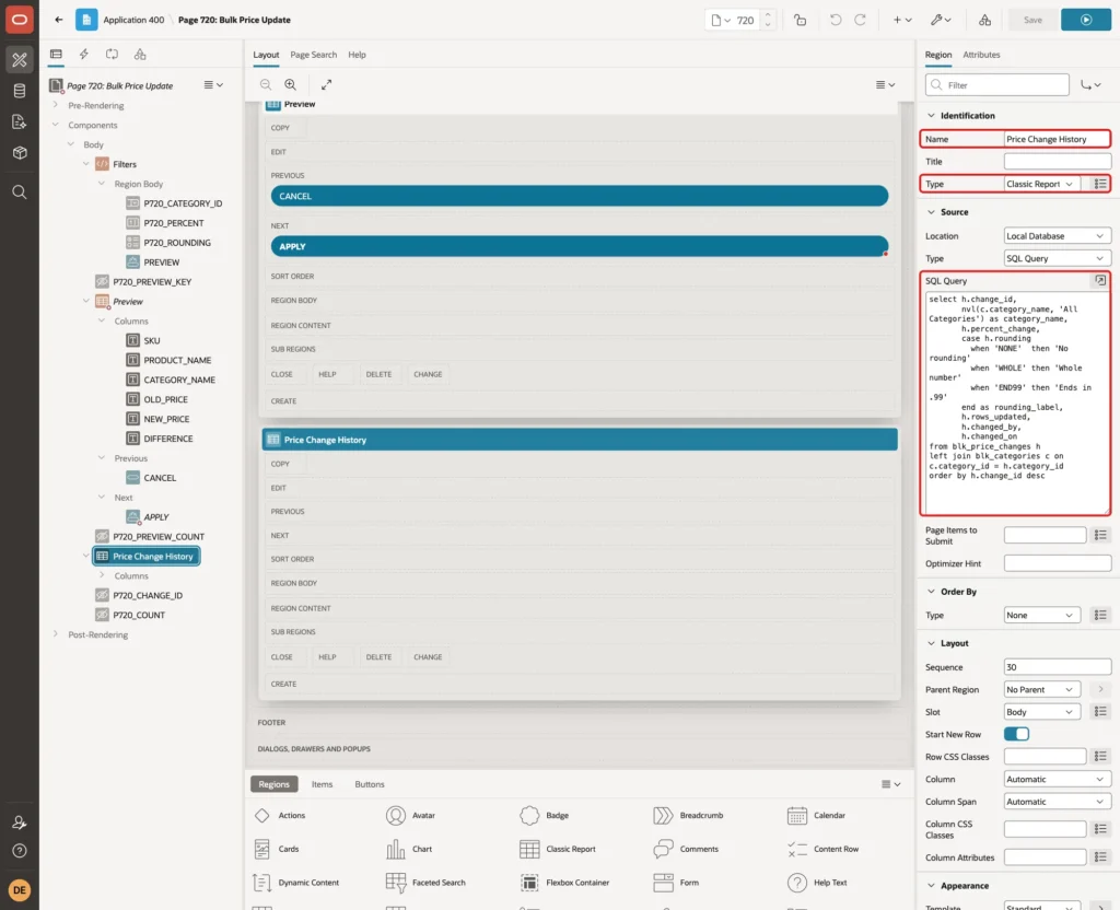 Region Price Change History with Name, Type Classic Report and the SQL Query marked with red boxes