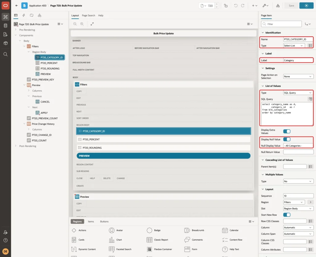 Page item P720_CATEGORY_ID with Name, Type Select List, Label Category, LOV Type SQL Query, the query, Display Null Value and Null Display Value marked with red boxes
