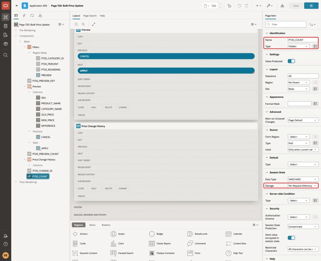 Page item P720_COUNT with Name, Type Hidden and Storage Per Request Memory Only marked with red boxes