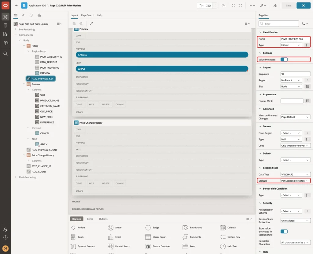 Page item P720_PREVIEW_KEY with Name, Type Hidden, Value Protected on and Storage Per Session marked with red boxes