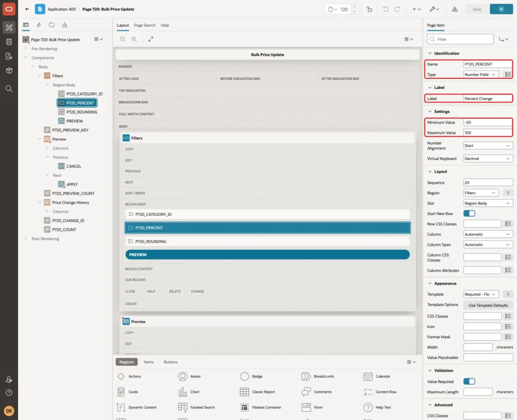 Page item P720_PERCENT with Name, Type Number Field, Label Percent Change, Minimum Value -50 and Maximum Value 100 marked with red boxes