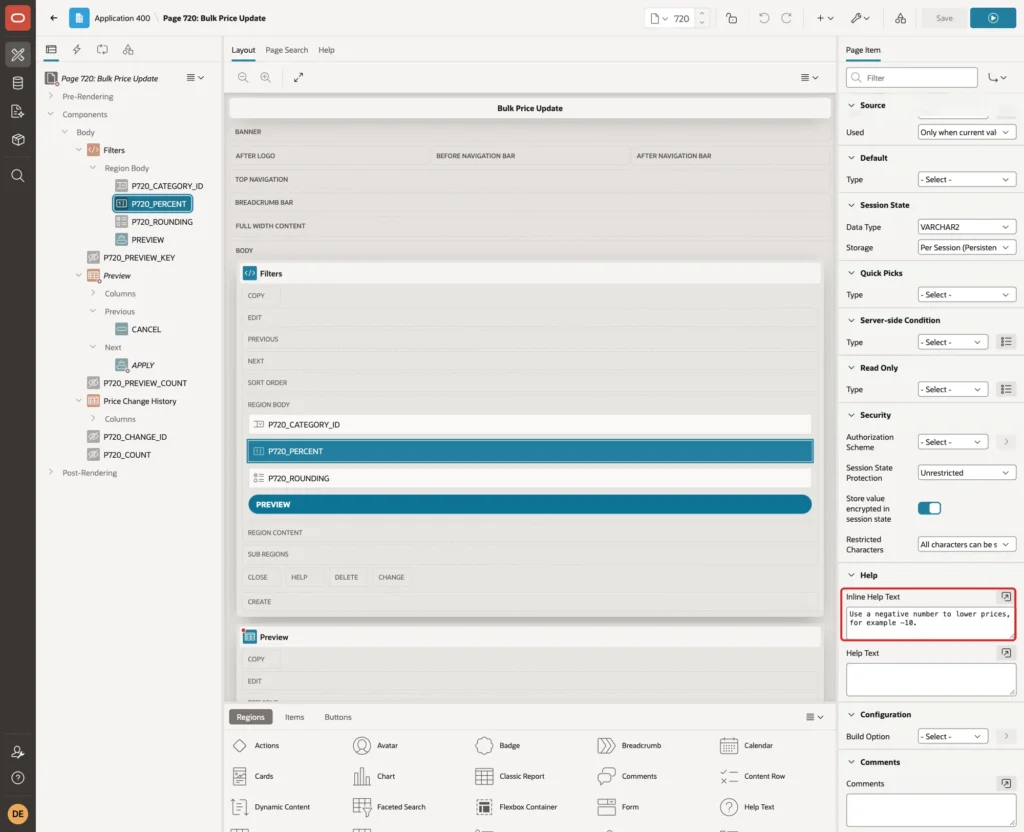 Page item P720_PERCENT with the Inline Help Text marked with a red box
