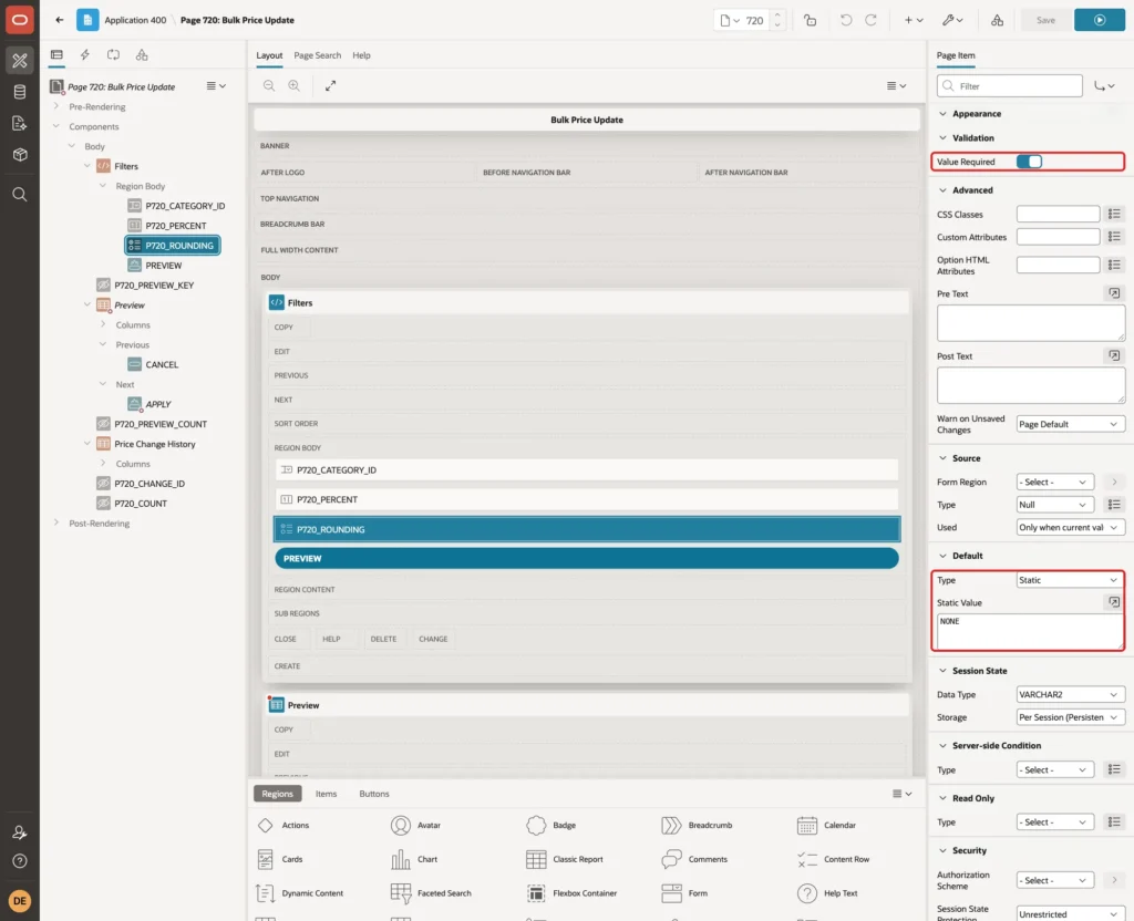 Page item P720_ROUNDING with Value Required on, Default Type Static and Static Value NONE marked with red boxes