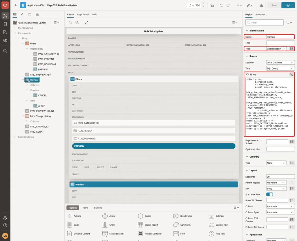 Region Preview with Name, Type Classic Report and the SQL Query marked with red boxes
