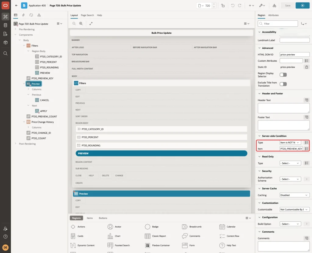 Preview region with Server-side Condition Type Item is NOT NULL and Item P720_PREVIEW_KEY marked with a red box