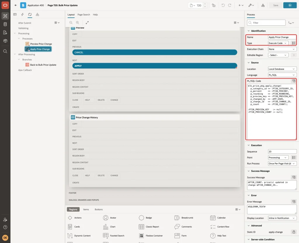 Process Apply Price Change with Name, Type Execute Code and the PL/SQL Code marked with red boxes