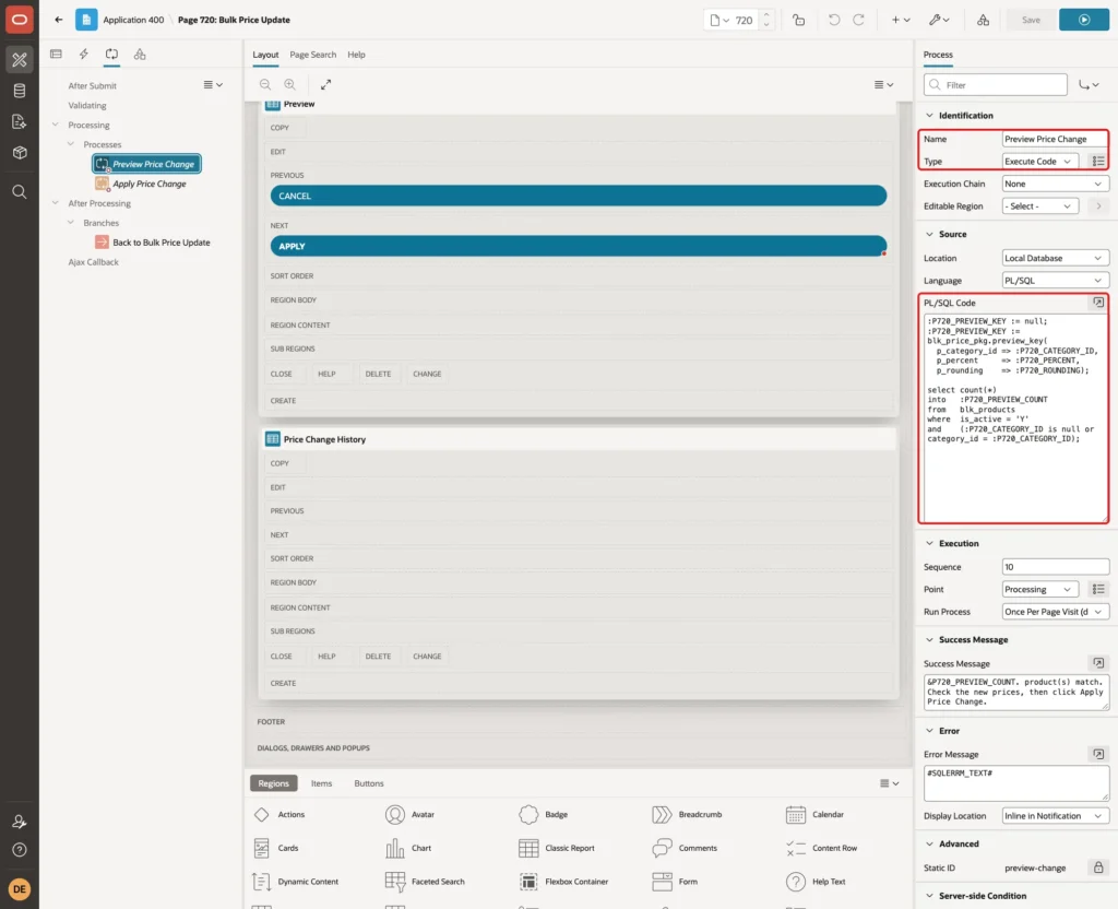 Process Preview Price Change with Name, Type Execute Code and the PL/SQL Code marked with red boxes
