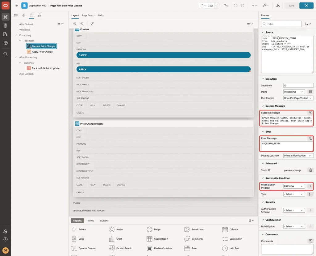 Process Preview Price Change with Success Message, Error Message SQLERRM_TEXT and When Button Pressed PREVIEW marked with red boxes