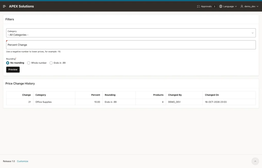 Bulk Price Update page after Cancel with empty filters and one row in Price Change History