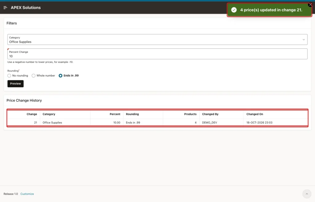 Success message 4 prices updated in change 21 and the new row in Price Change History marked with red boxes