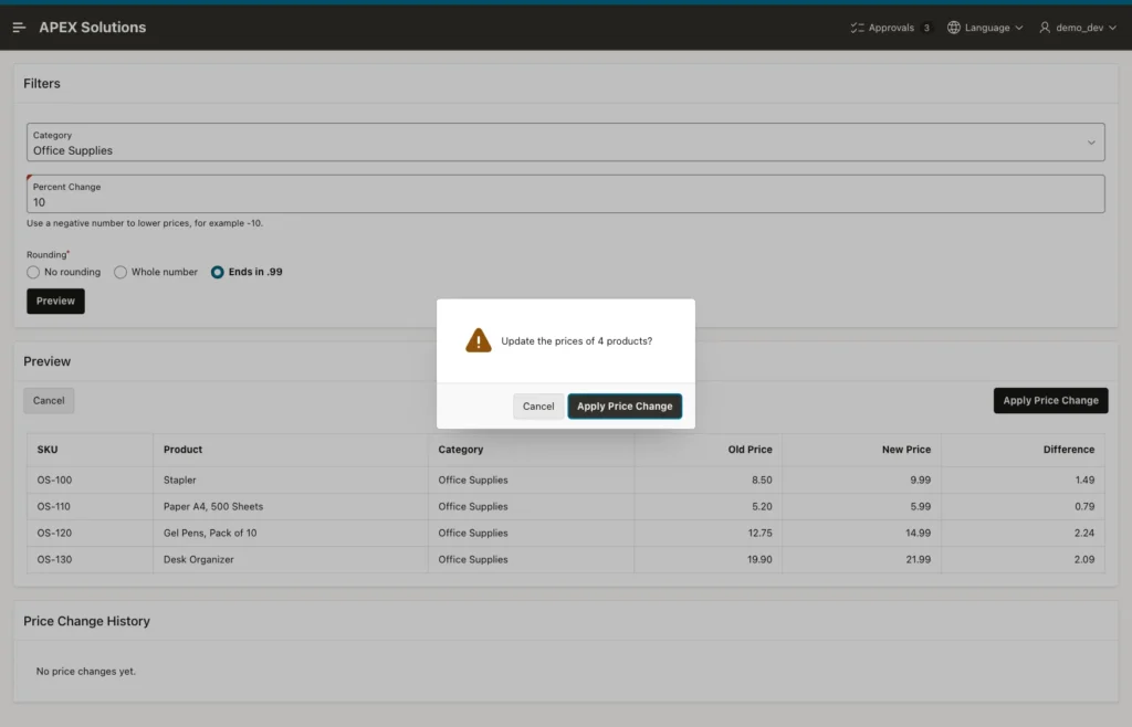 Confirmation dialog Update the prices of 4 products with the buttons Cancel and Apply Price Change