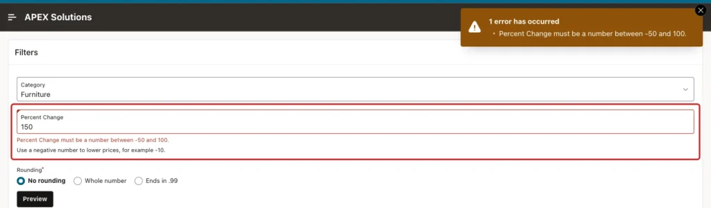 Error Percent Change must be a number between -50 and 100, with the field marked with a red box