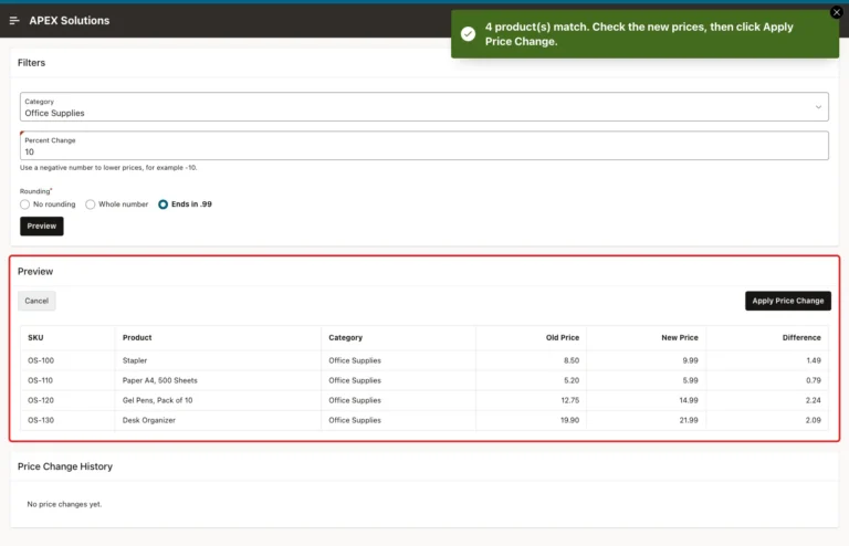 Bulk Price Update page with the success message and the Preview region with four products marked with a red box