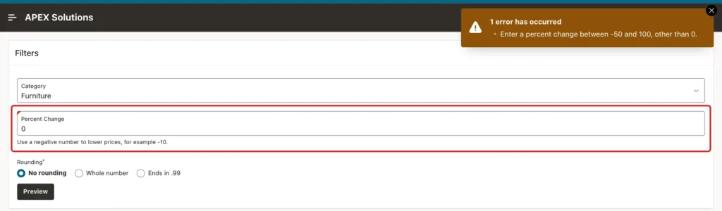 Error Enter a percent change between -50 and 100, other than 0, with Percent Change 0 marked with a red box