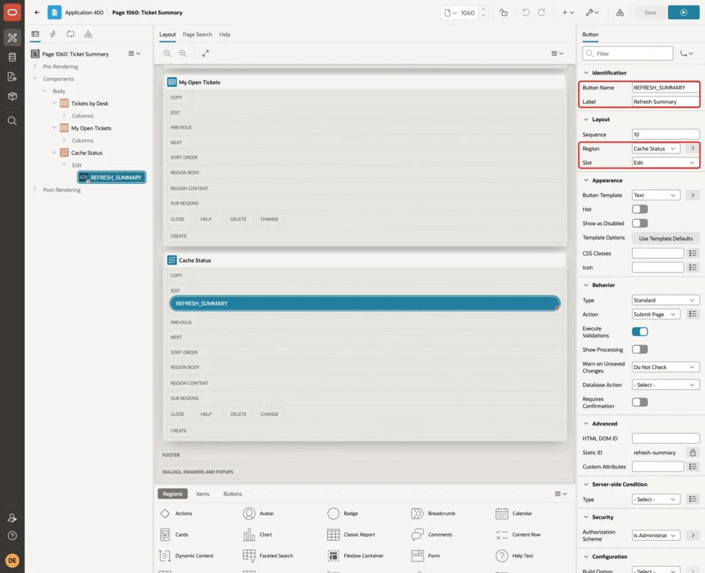 Button with Button Name REFRESH_SUMMARY, Label Refresh Summary, Region Cache Status and Slot Edit marked with red boxes