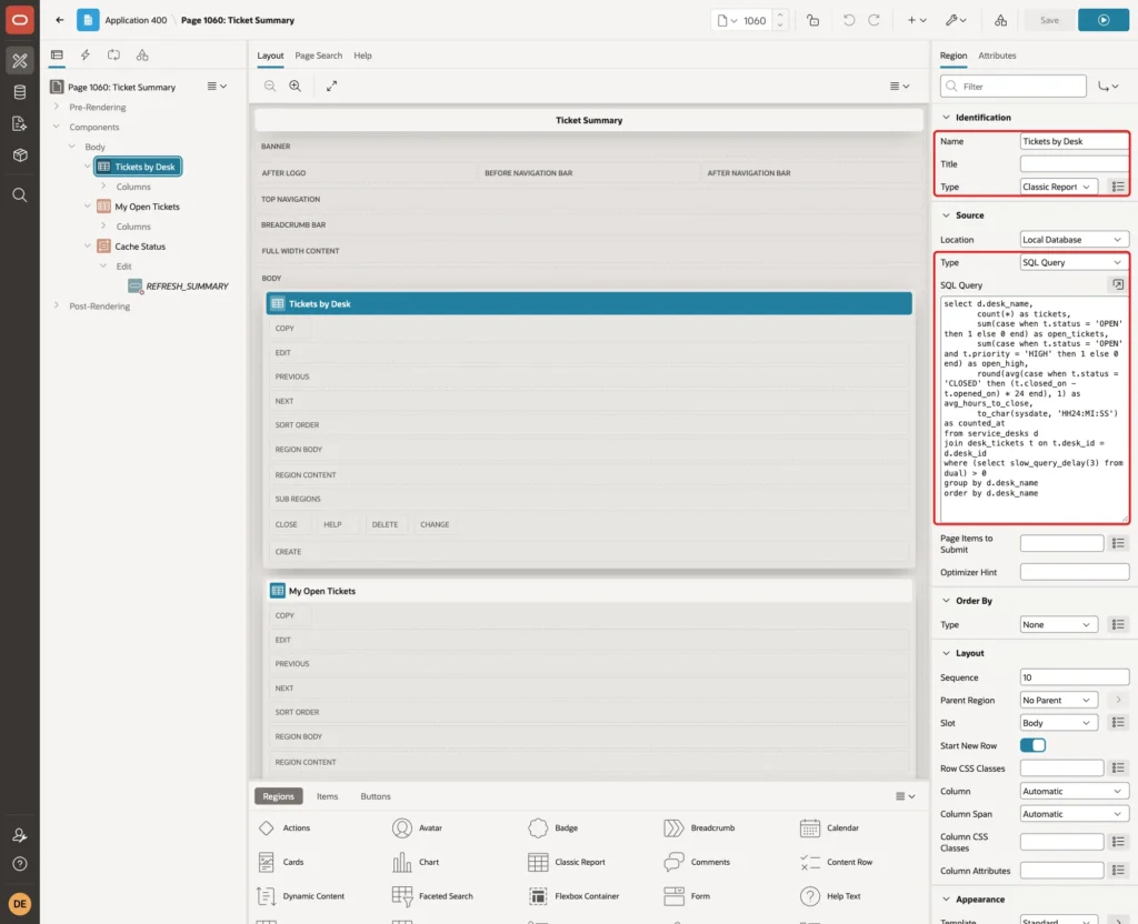 Page Designer with region Name Tickets by Desk, Type Classic Report, Source Type SQL Query and the SQL Query with slow_query_delay(3) marked with red boxes