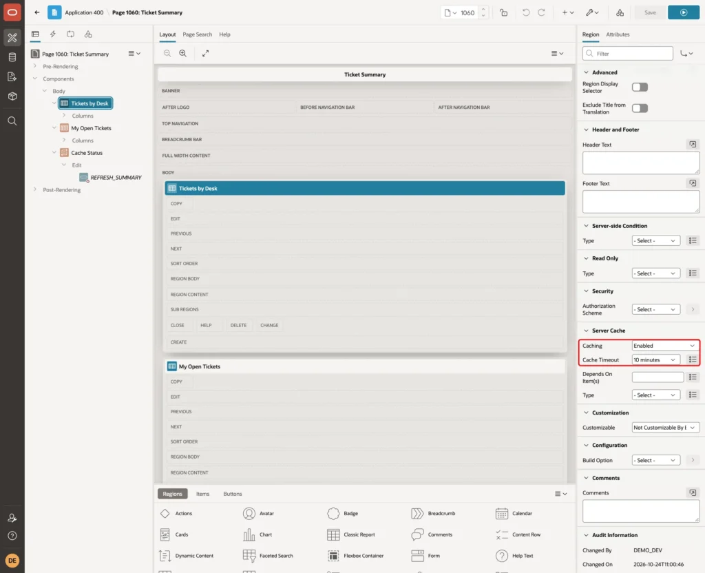 Server Cache group of the Tickets by Desk region with Caching Enabled and Cache Timeout 10 minutes marked with a red box