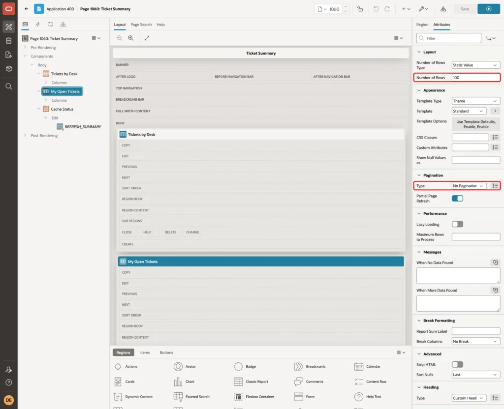 Attributes of the My Open Tickets region with Number of Rows 100 and Pagination Type No Pagination marked with red boxes