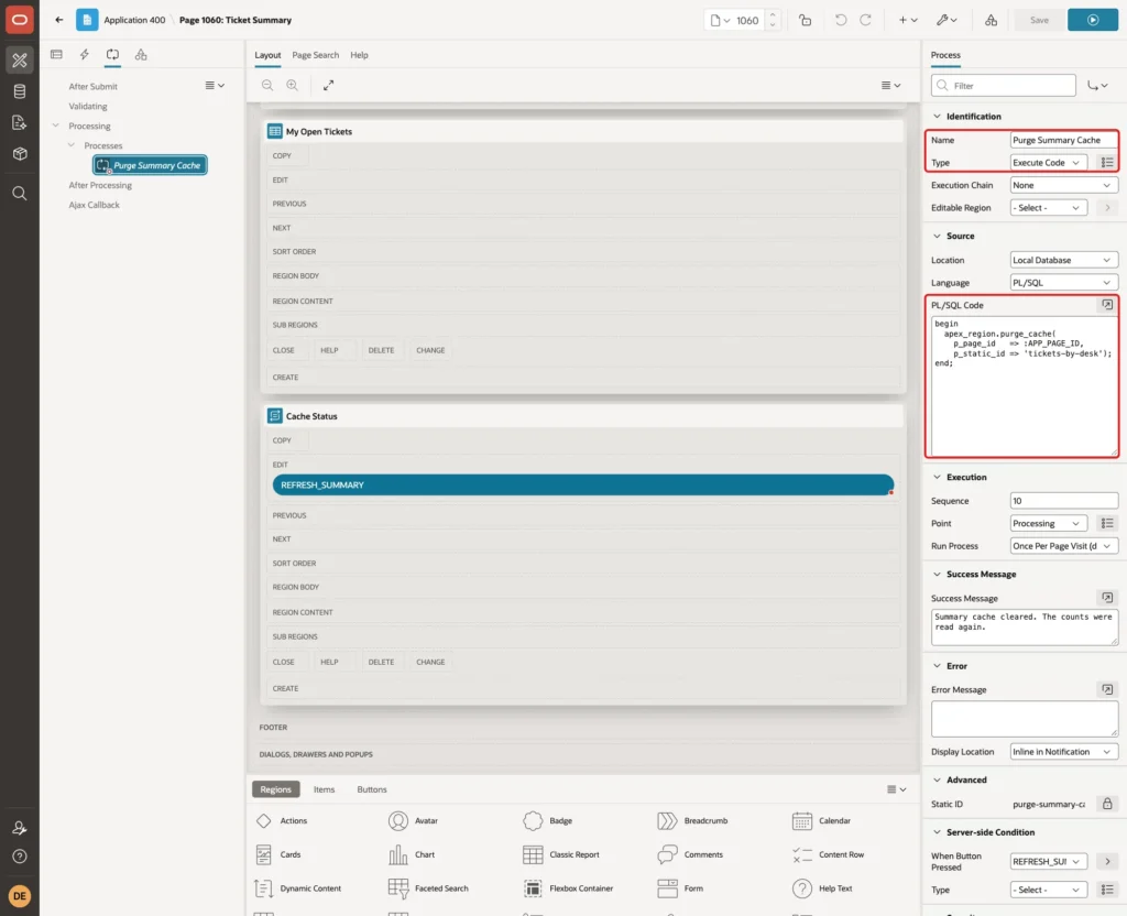 Process with Name Purge Summary Cache, Type Execute Code and the PL/SQL Code calling apex_region.purge_cache marked with red boxes