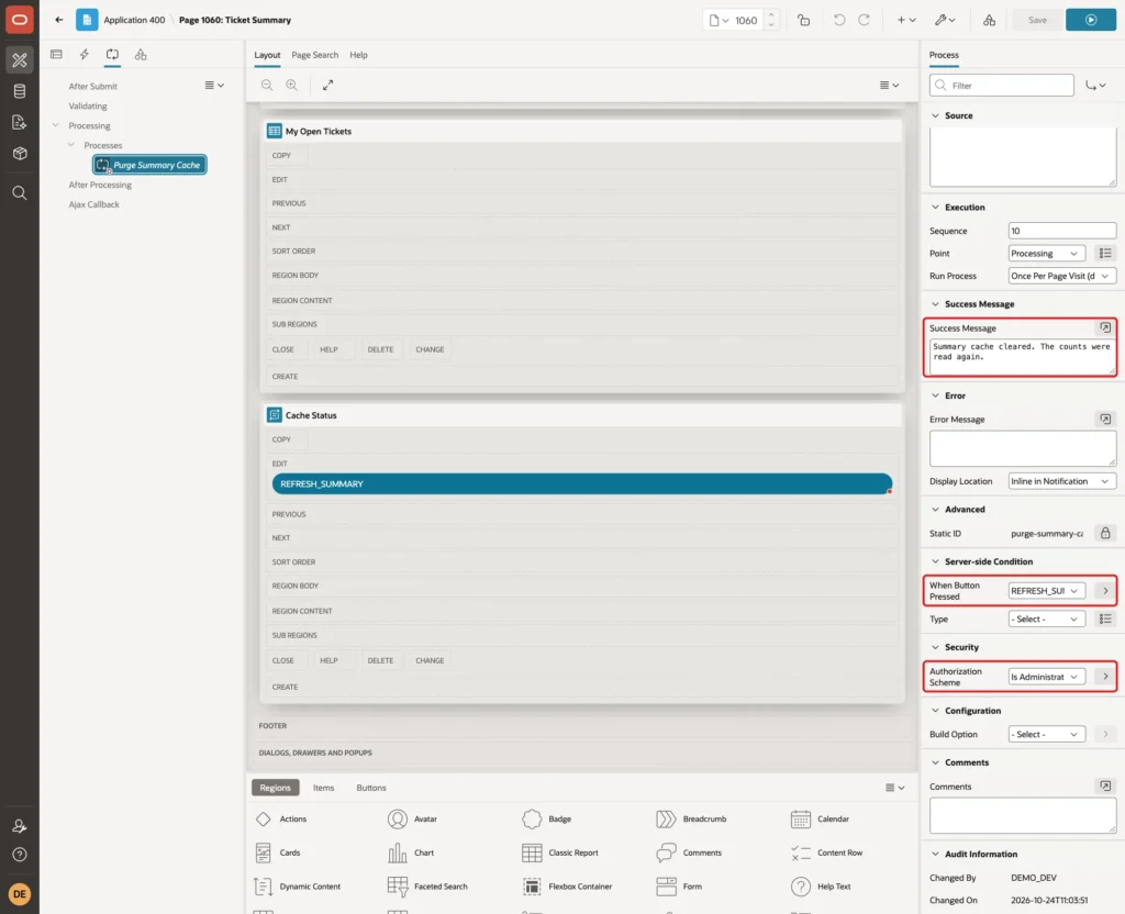 Process Success Message, When Button Pressed REFRESH_SUMMARY and Authorization Scheme Is Administrator marked with red boxes