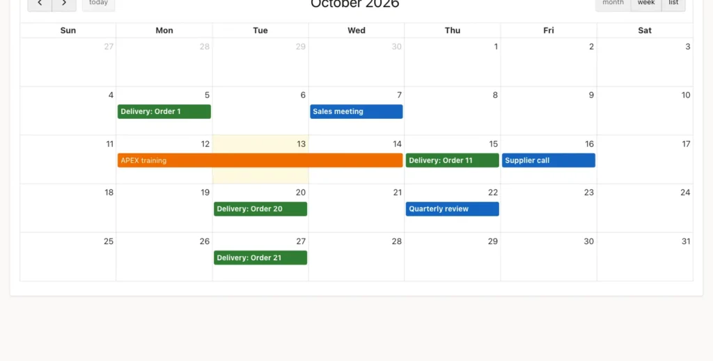 Oracle APEX calendar for October 2026 with green deliveries, blue meetings and an orange multi-day APEX training