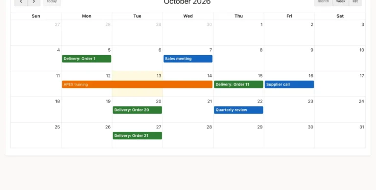 Oracle APEX calendar for October 2026 with green deliveries, blue meetings and an orange multi-day APEX training