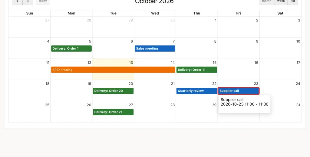 Oracle APEX calendar with the Supplier call event moved to October 23, marked with a red box