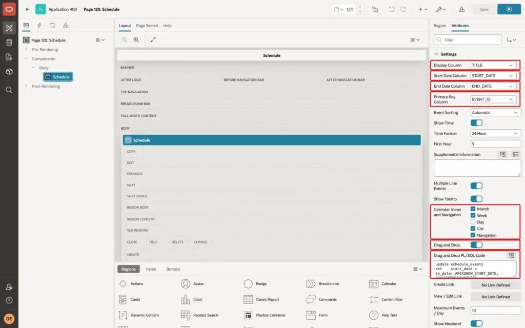 Page Designer showing the Schedule calendar region Attributes with display, start date, end date and primary key columns, calendar views, Drag and Drop and its PL/SQL code marked with red boxes