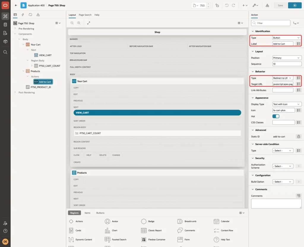 Card action with Type Button, Label Add to Cart, Behavior Type Redirect to URL and the Target URL marked with red boxes