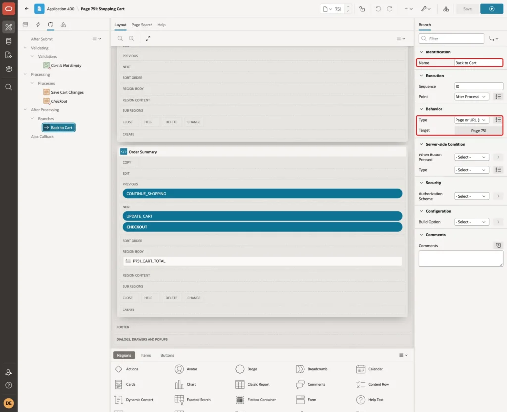 Branch Back to Cart with Name, Type Page or URL and Target Page 751 marked with red boxes