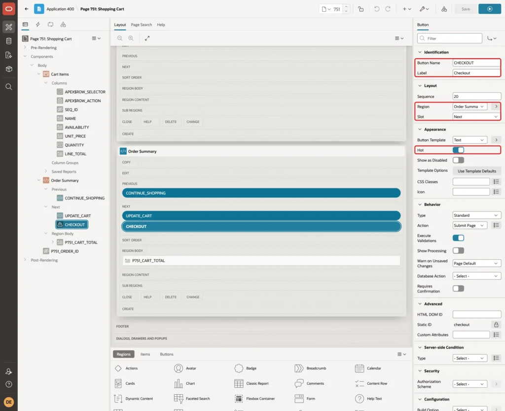 Button CHECKOUT with Button Name, Label Checkout, Region Order Summary, Slot Next and Hot on marked with red boxes