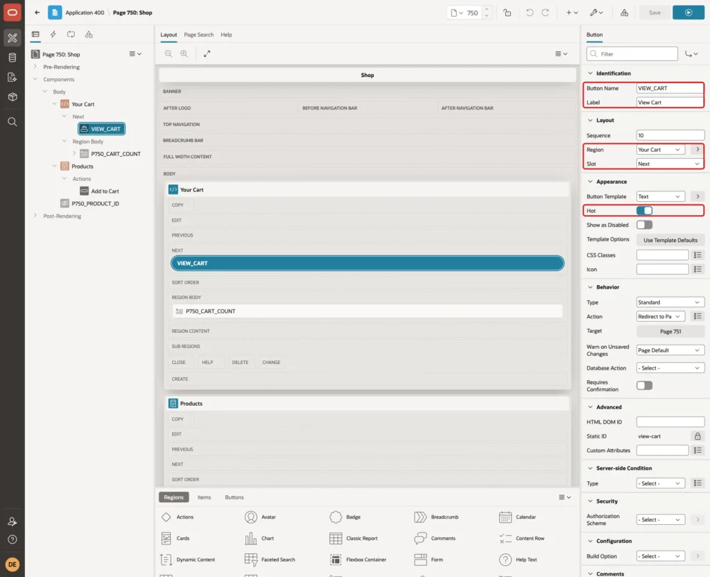 Button VIEW_CART with Button Name, Label View Cart, Region Your Cart, Slot Next and Hot on marked with red boxes