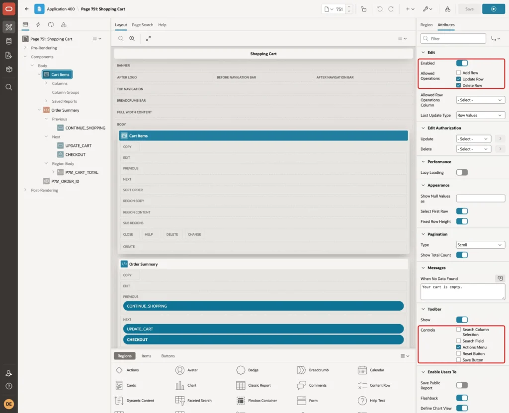 Edit Enabled on, Allowed Operations Update Row and Delete Row, and Toolbar Controls Actions Menu marked with red boxes