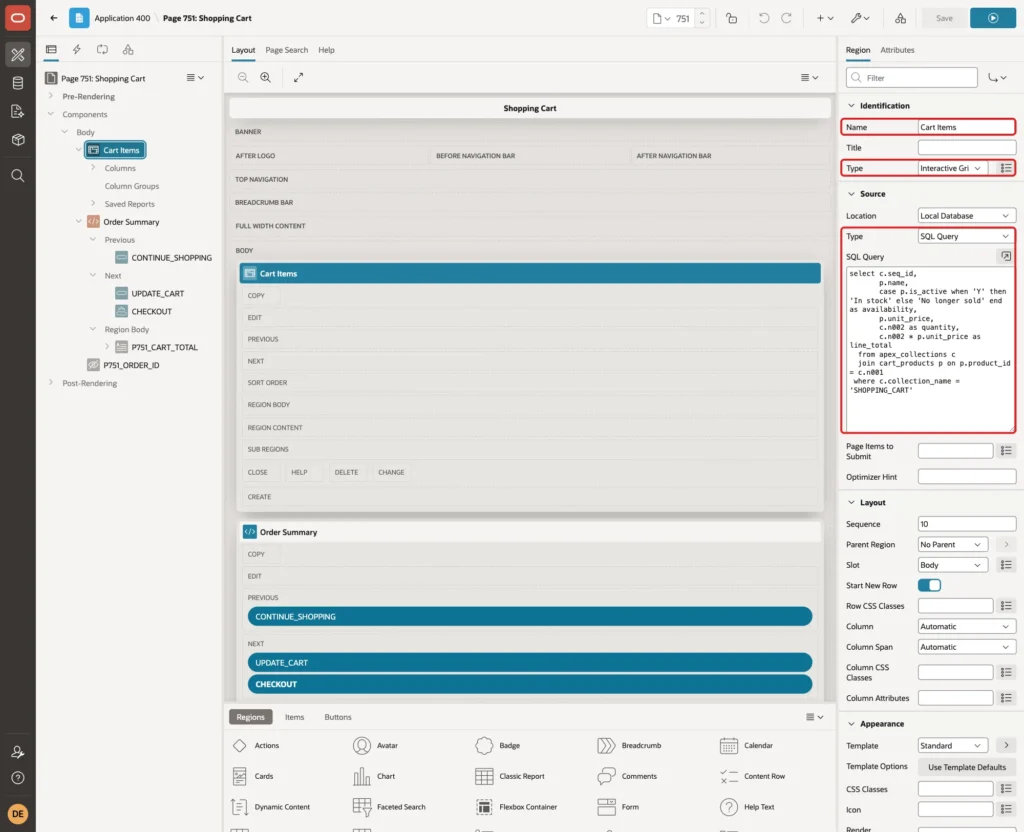 Region Cart Items with Name, Type Interactive Grid, Source Type SQL Query and the query marked with red boxes