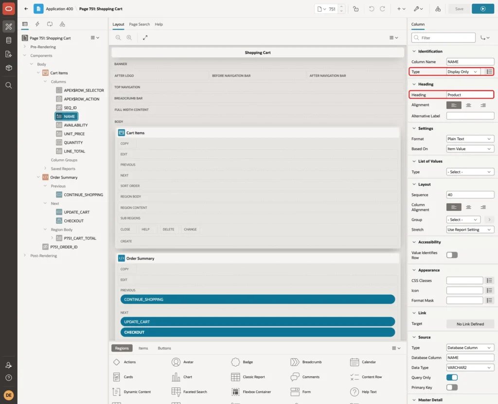 Column NAME with Type Display Only and Heading Product marked with red boxes