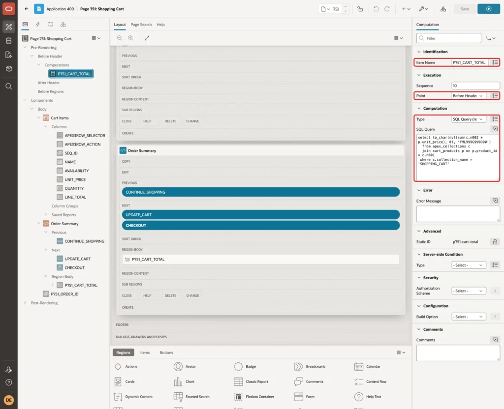 Computation for P751_CART_TOTAL with Item Name, Point Before Header, Type SQL Query return single value and the query marked with red boxes
