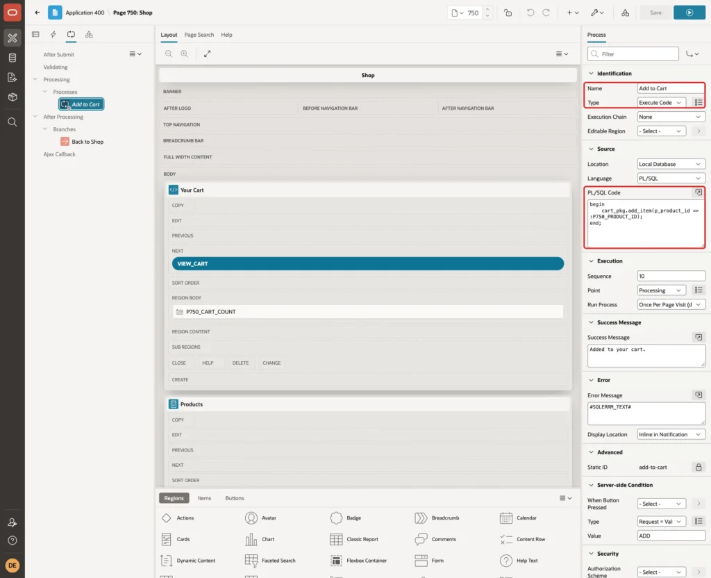 Process Add to Cart with Name, Type Execute Code and the PL/SQL Code marked with red boxes