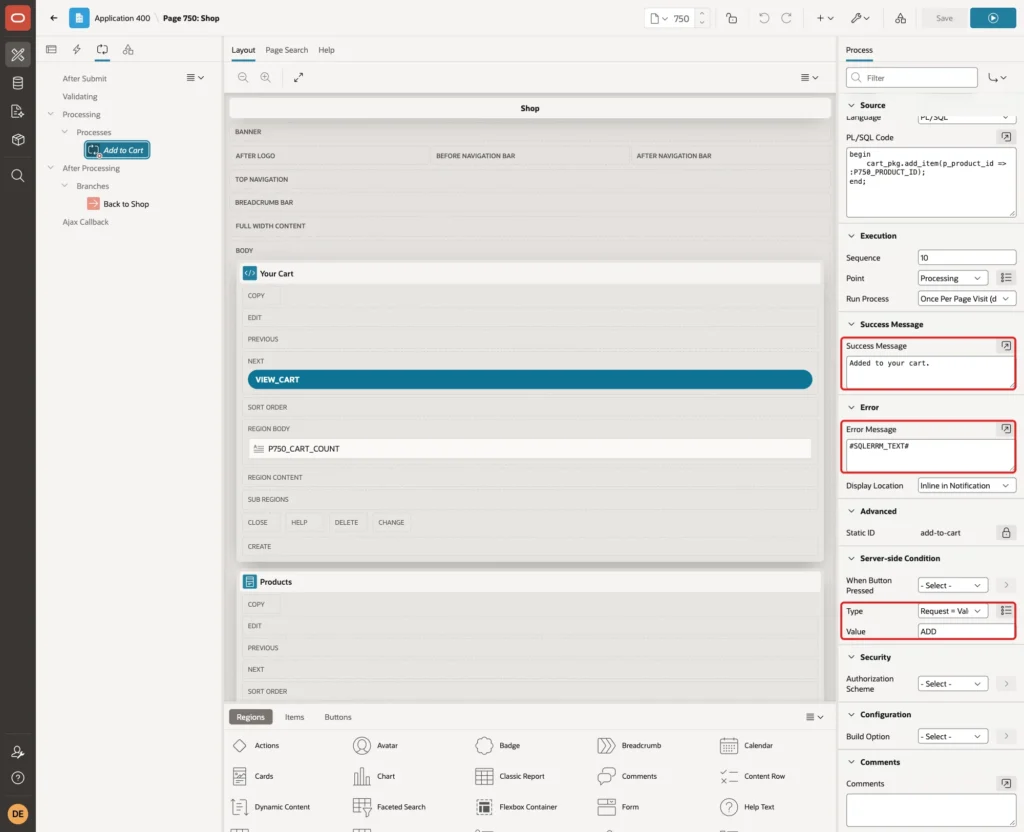 Success Message Added to your cart, Error Message #SQLERRM_TEXT# and Server-side Condition Type Request = Value with Value ADD marked with red boxes