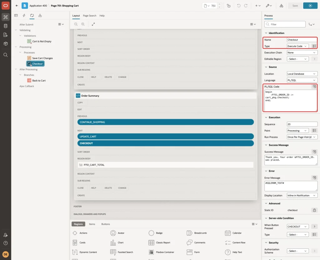 Process Checkout with Name, Type Execute Code and the PL/SQL Code marked with red boxes