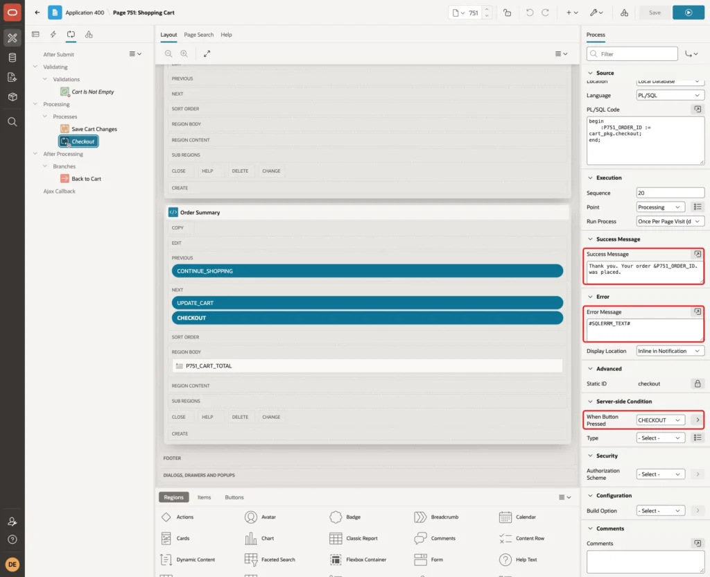 Success Message with the order ID, Error Message #SQLERRM_TEXT# and When Button Pressed CHECKOUT marked with red boxes