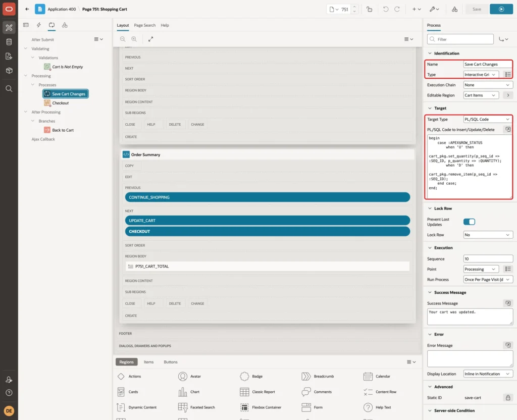 Process Save Cart Changes with Name, Type Interactive Grid Automatic Row Processing, Target Type PL/SQL Code and the code marked with red boxes