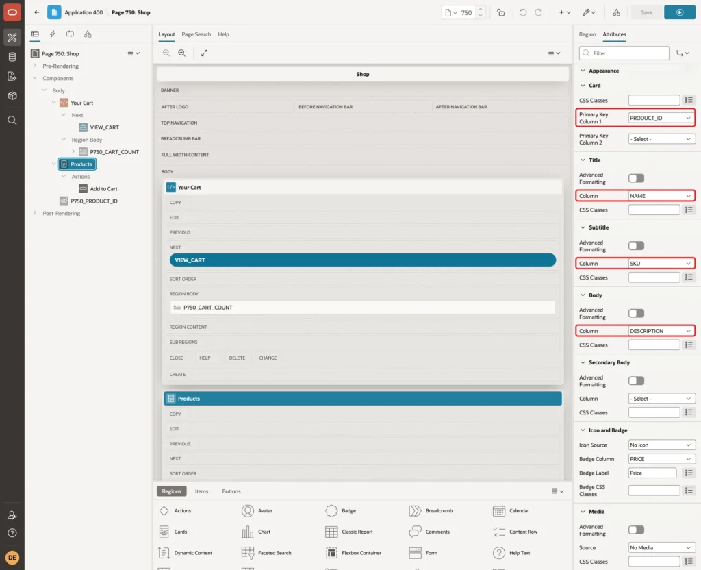 Cards attributes with Primary Key Column 1 PRODUCT_ID, Title Column NAME, Subtitle Column SKU and Body Column DESCRIPTION marked with red boxes