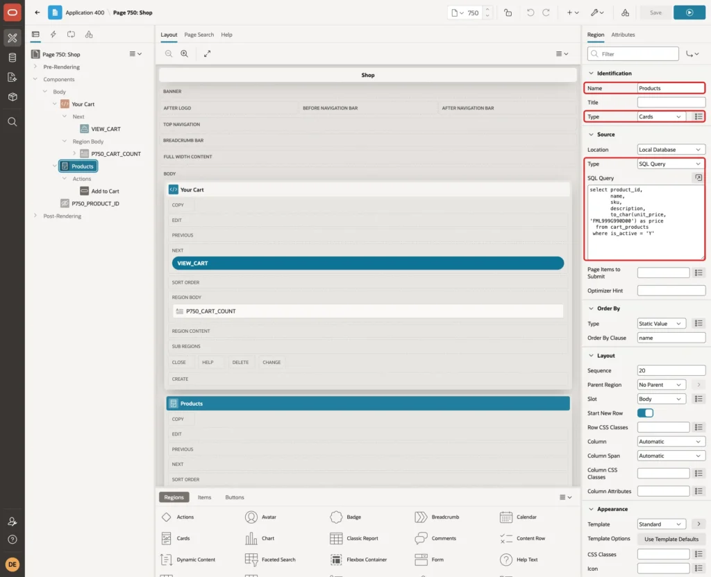 Region Products with Name, Type Cards, Source Type SQL Query and the query marked with red boxes