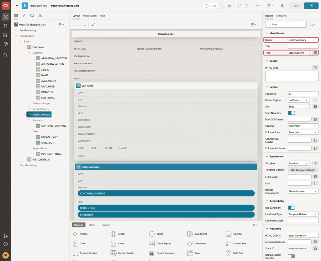 Region Order Summary with Name and Type Static Content marked with red boxes